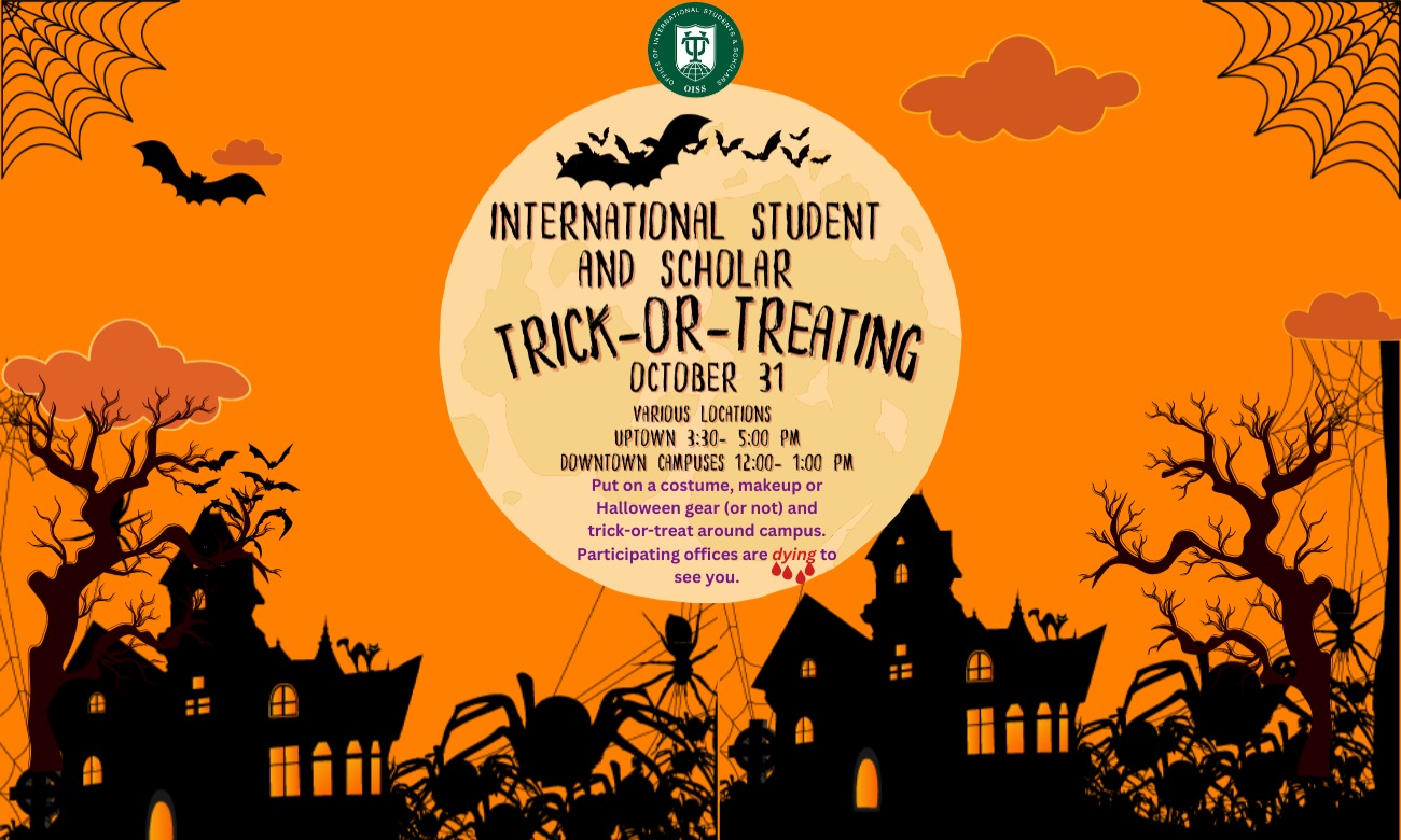 International Student and Scholar Trick or Treating illustration